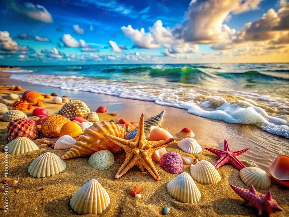 Poster vibrant sandy beach filled with colorful seashells and starfish, captured with high depth of field a