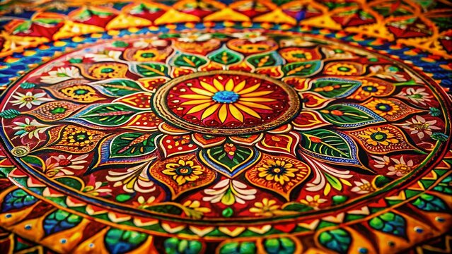 Vibrant Silhouette Photography of Traditional Mandana Painting Featuring Intricate Patterns and Bright Colors in a Stunning Artistic Display