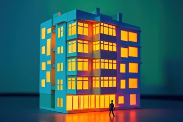 Fototapeta premium Paper Building with Glowing Windows and a Silhouette of a Man