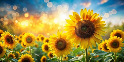 Obraz premium Vibrant Sunflower Field Under a Clear Blue Sky on a Warm Summer Day with Beautiful Bokeh Effect Creating a Dreamy and Serene Atmosphere for Nature Lovers and Photographers
