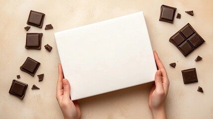 Mockup valentine 3D concept. A person holds a blank white box surrounded by dark chocolate pieces on a light surface, evoking feelings of anticipation and indulgence.
