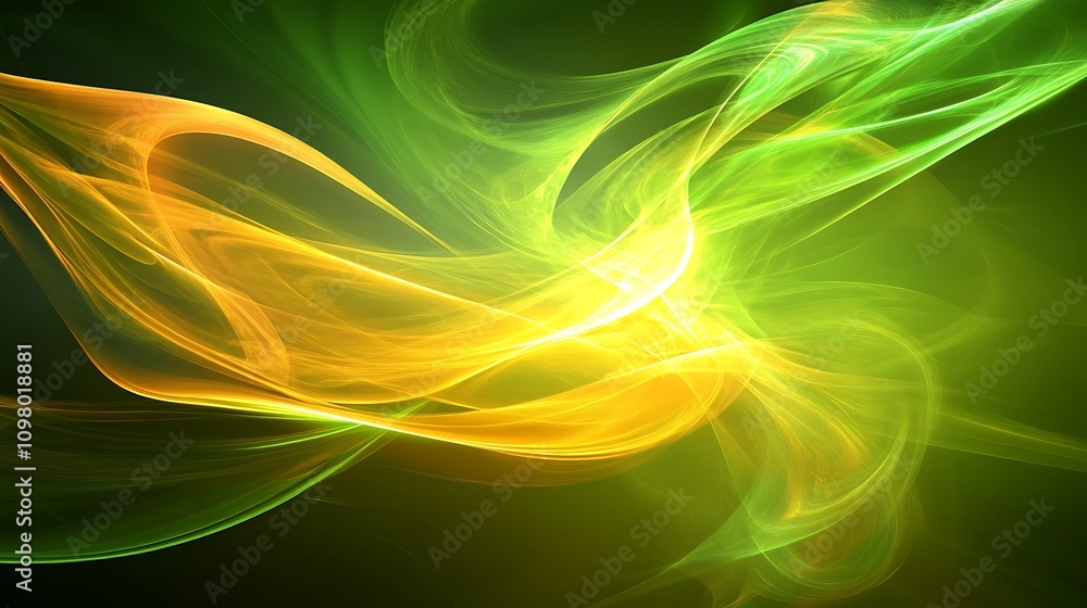 Poster abstract swirling patterns in vibrant green and yellow hues create a dynamic visual effect.