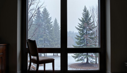 Fototapeta premium Empty chair by a window looking out at a snowy landscape with trees, Blue Monday theme
