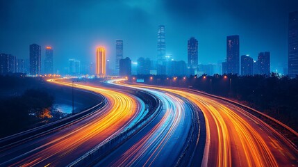 Fototapeta premium A sleek highway illuminated by dynamic light trails, with the city skyline in the distance.