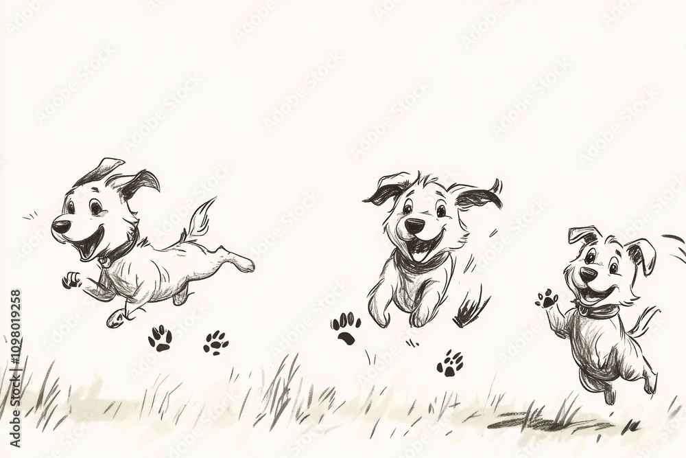 Poster Three playful dogs joyfully run and leap across a grassy field, their tails wagging under the warm sun, creating a lively atmosphere. Generative AI