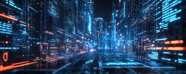 Obraz premium A futuristic cityscape illuminated by blue and orange lights, showcasing a digital environment with a sense of depth and technology.
