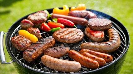 Friends Enjoying a BBQ Grill Full of Meat and Vegetables