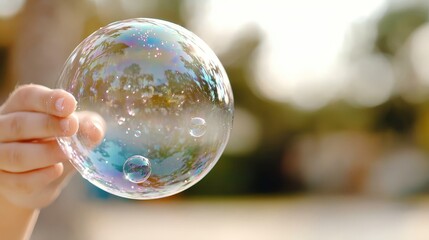 A person holding a soap bubble in their hand