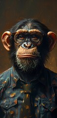 A monkey wearing glasses and a tie, dressed in an office shirt, Portrait style, illustration