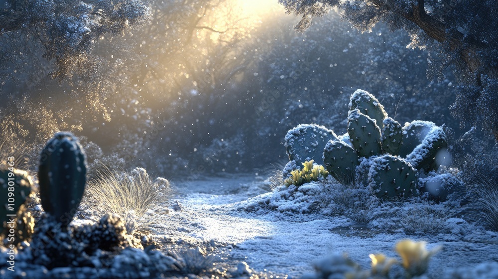 Poster sunlit snowy path through a winter forest with cacti.