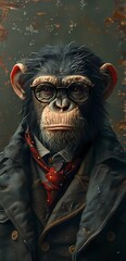 A monkey wearing glasses and a tie, dressed in an office shirt, Portrait style, illustration