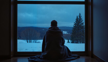 Person wrapped in a blanket sitting by a window looking at a snowy landscape, Blue Monday theme