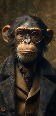 A monkey wearing glasses and a tie, dressed in an office shirt, Portrait style, illustration