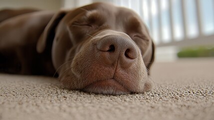 A brown dog laying on the floor with its eyes closed