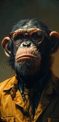 A monkey wearing glasses and a tie, dressed in an office shirt, Portrait style, illustration