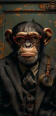 A monkey wearing glasses and a tie, dressed in an office shirt, Portrait style, illustration