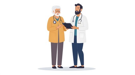 23. A nurse demonstrating how to use a medical device to an elderly patient, on a white background