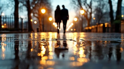 Fototapeta premium A couple walking in the rain at night