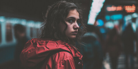Fototapeta premium girl in a red raincoat on the subway platform Generative AI