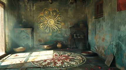 Indian Hindu Traditional Rangoli Drawing on the Wall 

