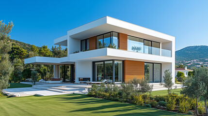 Modern minimalist house surrounded by lush greenery and stone pathways, basking in warm sunlight during golden hour.
