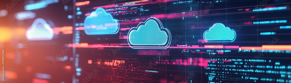 Poster a futuristic digital landscape featuring cloud icons and vibrant data streams, symbolizing cloud com
