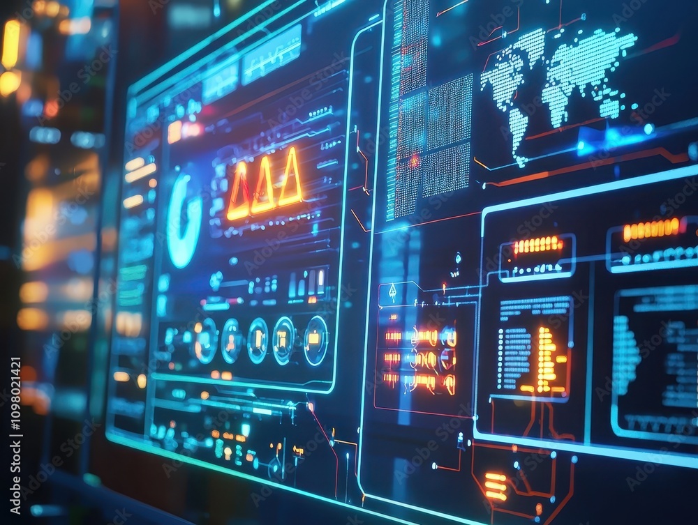 Aufkleber a futuristic digital interface displaying data analytics, charts, and global maps with vibrant neon 