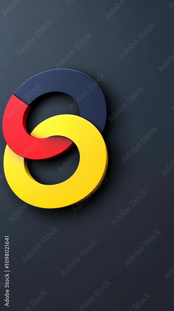 Poster colorful abstract design featuring interlocking shapes on a dark background in a contemporary style