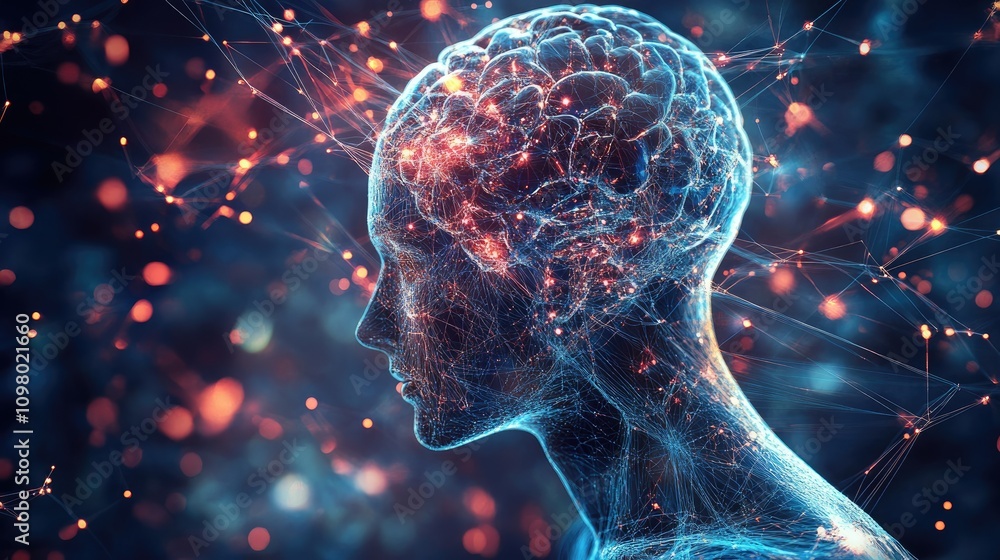 Poster abstract representation of a human brain connected by neural networks