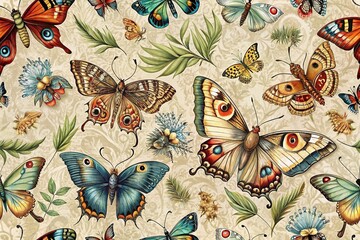 Vintage Butterfly and Moth Pattern for Wallpaper Design Featuring Realistic Insects and Peacock Makhaon on Elegant Fabric Background with Copy Space for Customization
