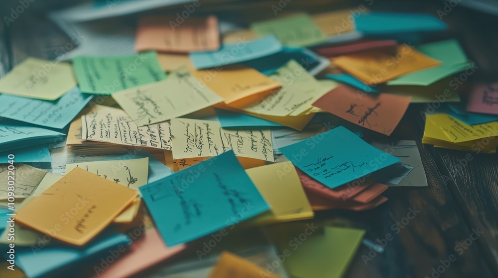 Poster a colorful assortment of sticky notes scattered on a surface, filled with handwritten notes and idea