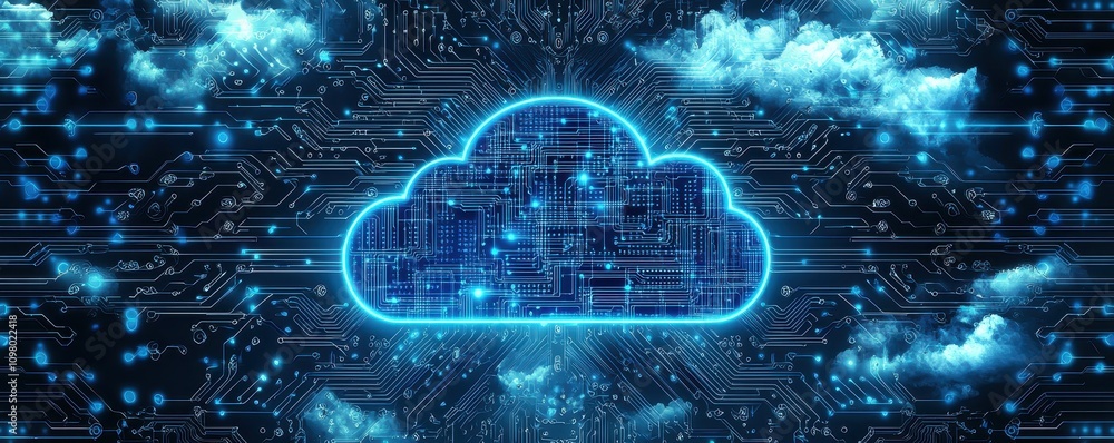 Poster a digital illustration of a glowing cloud surrounded by data streams, symbolizing cloud computing an