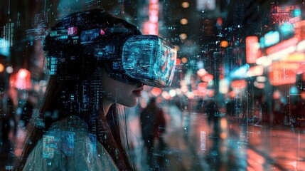 Woman in VR headset experiencing futuristic city.