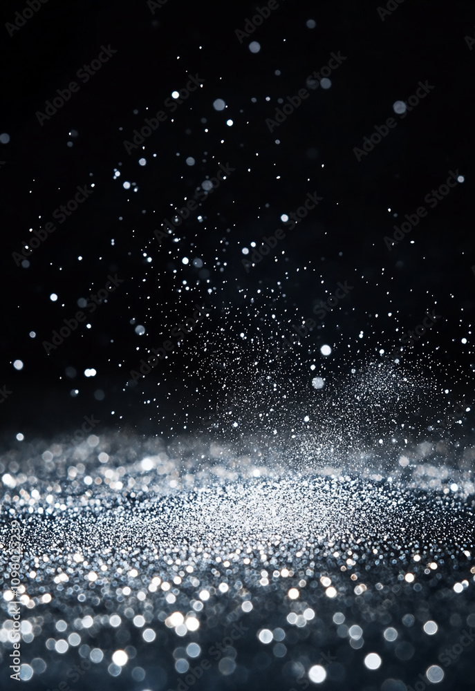 Poster shimmering silver sparkles on a dark background create a mesmerizing texture. soft blue lights creat