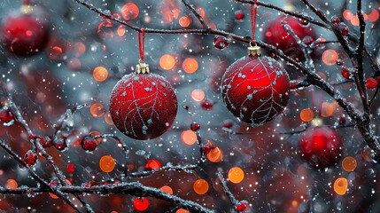 Fototapeta premium A bunch of red christmas ornaments hanging from a tree branch