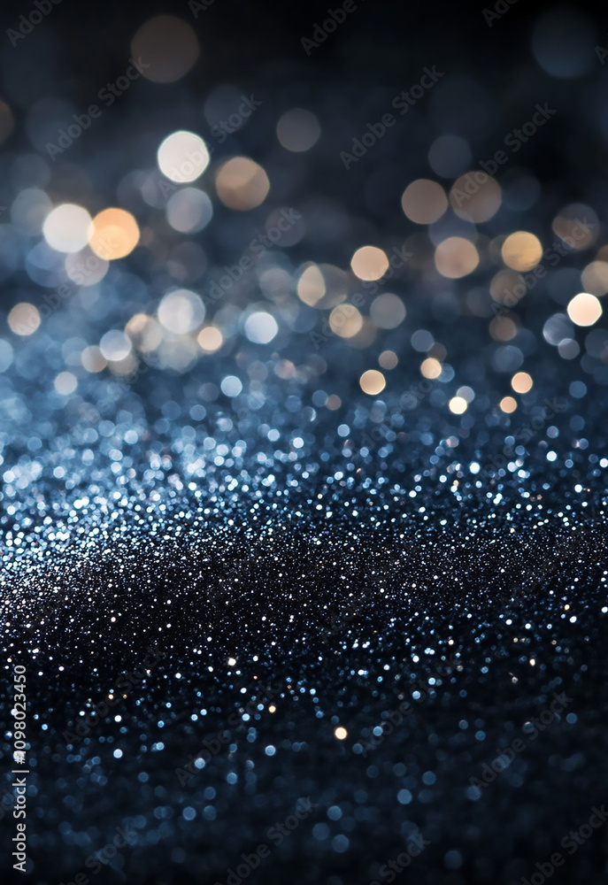 Poster shimmering silver sparkles on a dark background create a mesmerizing texture. soft blue lights creat
