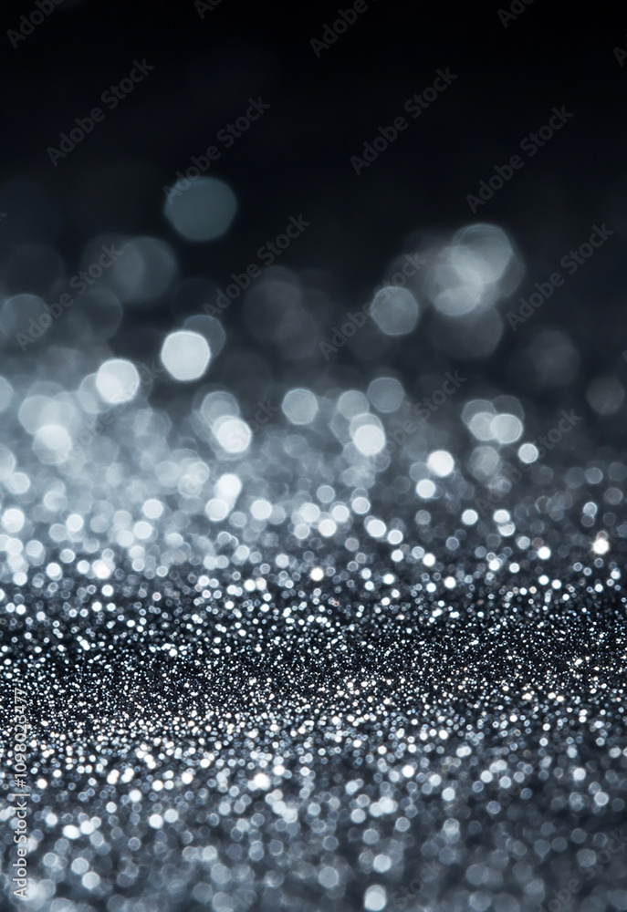 Poster shimmering silver sparkles on a dark background create a mesmerizing texture. soft blue lights creat