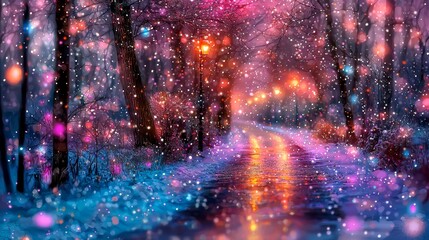 A painting of a snowy road in the middle of a forest