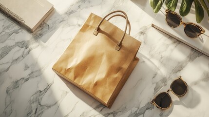 Brown Paper Shopping Bag On Marble Surface