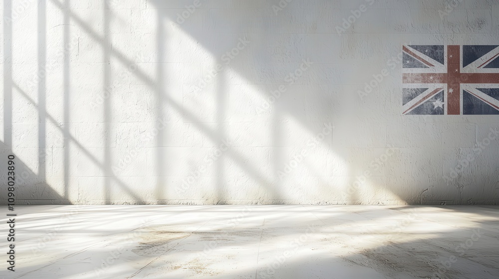 Poster modern minimalist background design featuring light and shadow play with union jack flag in a clean,