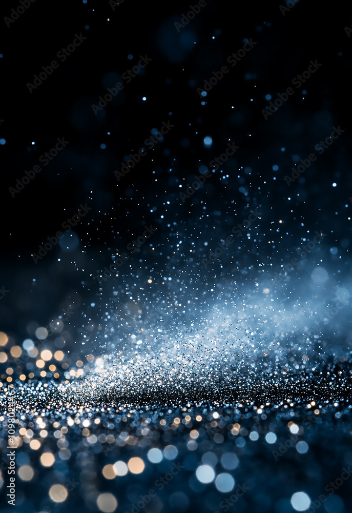 Poster a dazzling blur of glittering particles capturing light in shades of blue, creating a vibrant and dr