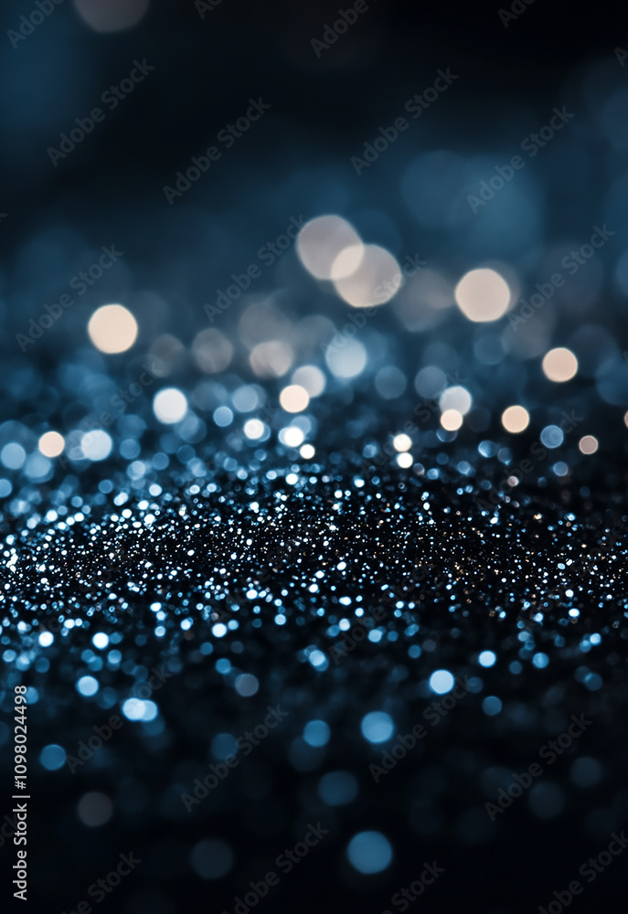 Poster a dazzling blur of glittering particles capturing light in shades of blue, creating a vibrant and dr