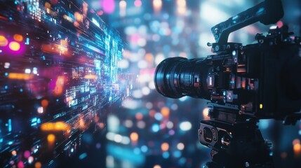 Fototapeta premium Camera filming digital data stream.