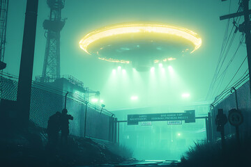 A glowing UFO hovering above a secretive government research facility, surrounded by security and confidentiality, creating an atmosphere of high tension and mystery.
