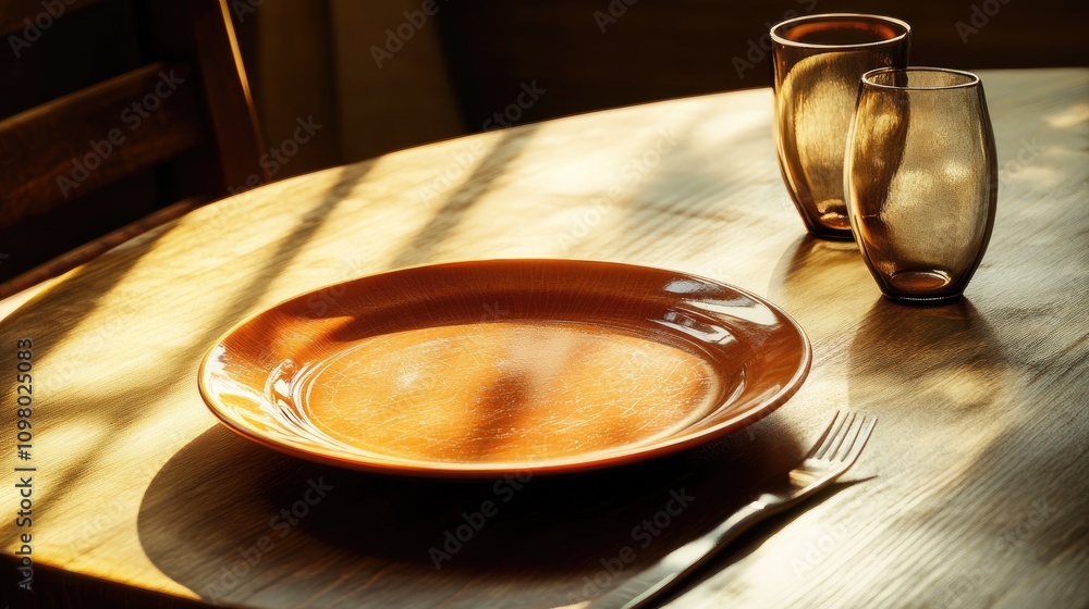 Poster sunlit table setting with plate glasses and fork