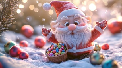 Joyful Santa gnome with candy in snowy scene.