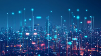 Futuristic Cityscape Illuminated With Digital Network Connections