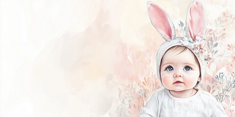 Fototapeta premium Adorable caucasian baby in bunny ears with floral background for easter celebration