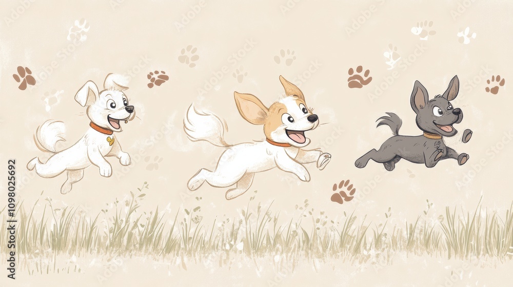 Aufkleber Three cheerful dogs are depicted running joyfully in a grassy area, leaving behind a trail of paw prints on a soft backdrop. Generative AI