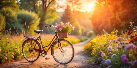 Fototapeta premium Vintage Retro Bike on a Scenic Pathway Surrounded by Lush Greenery and Colorful Wildflowers, Captured with a Rule of Thirds Composition for a Nostalgic Feel